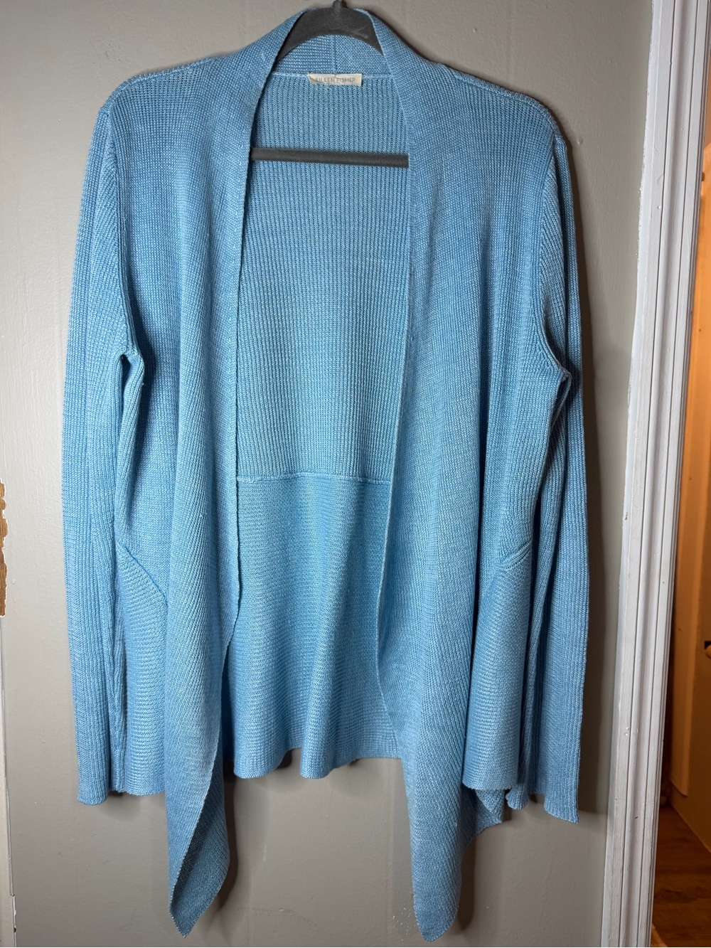Eileen Fisher Light Blue Organic Linen Open-Front Waterfall Cardigan SZ Medium
